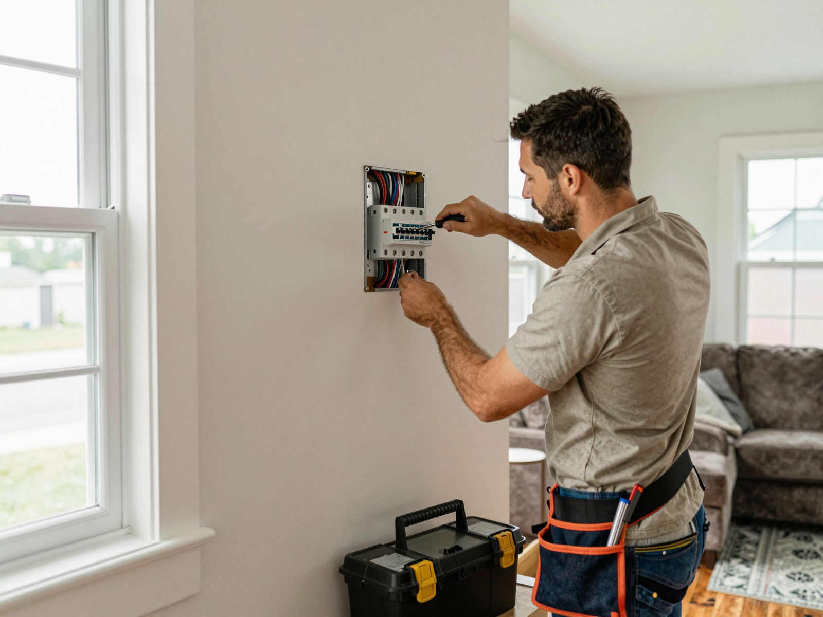 Electrician installing circuit breaker panel